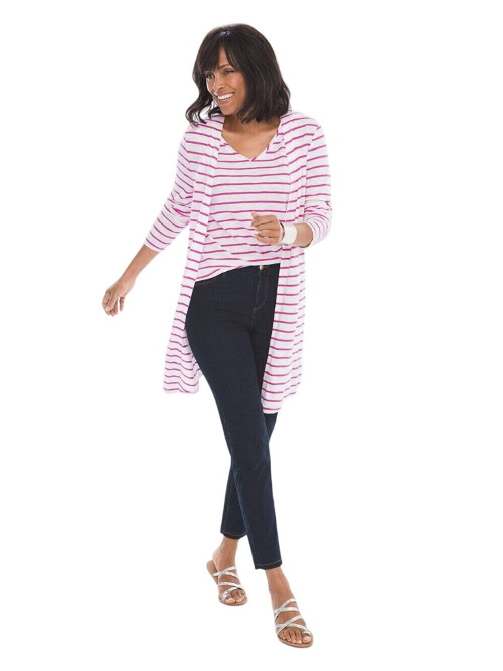 Chico's Cardigan Sweater Size 1 The Ultimate Tee Striped White Pink Contemporary